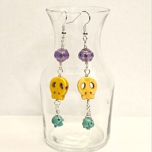 Yellow Dyed Howlite Beaded Skull Earrings